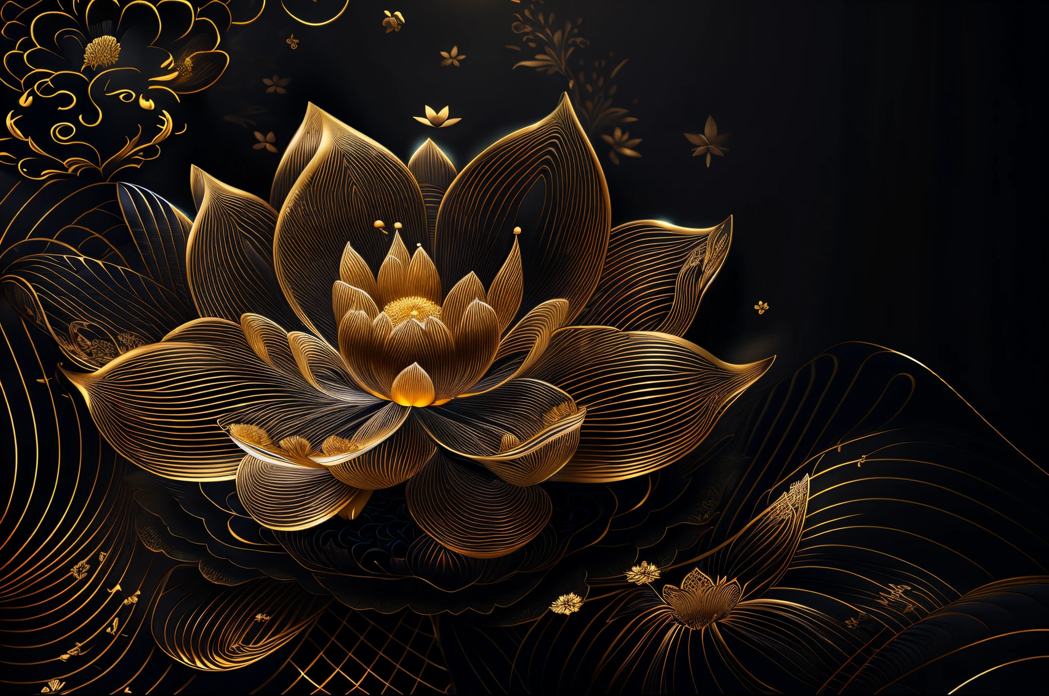 there is a gold flower on a black background with waves, lotus, glowing delicate flower, lotus flower, delicate detailing golden stroke, gold flowers, intricate gold elements, with lotus flowers, intricate gold linework, exquisite line art, gold detailed line work, black lotus, intricate flower designs, lotus petals, ultra intricate, intricate golden threads, intricate 3 d illustration