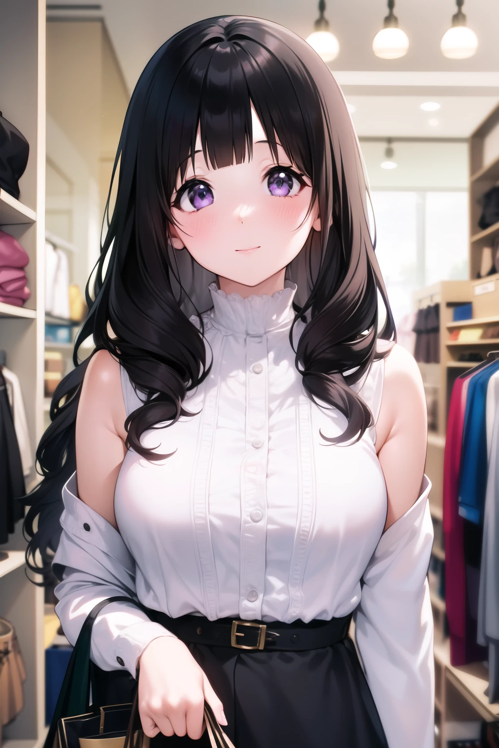 (Chitanda_eru), solo, (masterpiece):1.2, best quality, intricate details, super fine, 4k, high_definition, (beautiful detailed adult face), purple_eyes, (finely_detailed_beautiful_eyes): 1.2, (bald: long_hair: 0.2), (dark_hair, wavy_hair, bangs): 1.5, (small_breasts: large_breasts): 0.5, narrow_shoulders, (((in_a_clothes_shop, shopping))), (soft_smile, blush): 1.2, (thick_eyelashes): 1.2, (garterbelts): 1.3,  extremely_delicate, straight_facial features, peerless_beautiful_girl, dreamy_quality, solid_color, close_bright_lips, slender_waist, real_moving, real_light_and_shadow