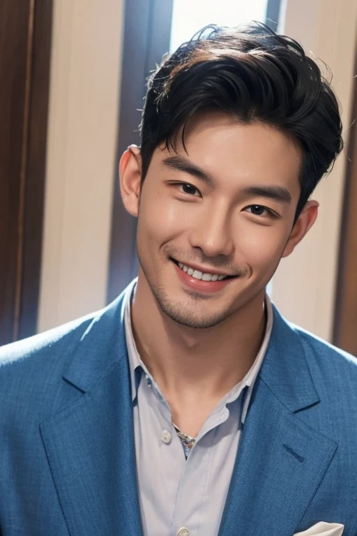 Smiling man in a blue suit、27yo