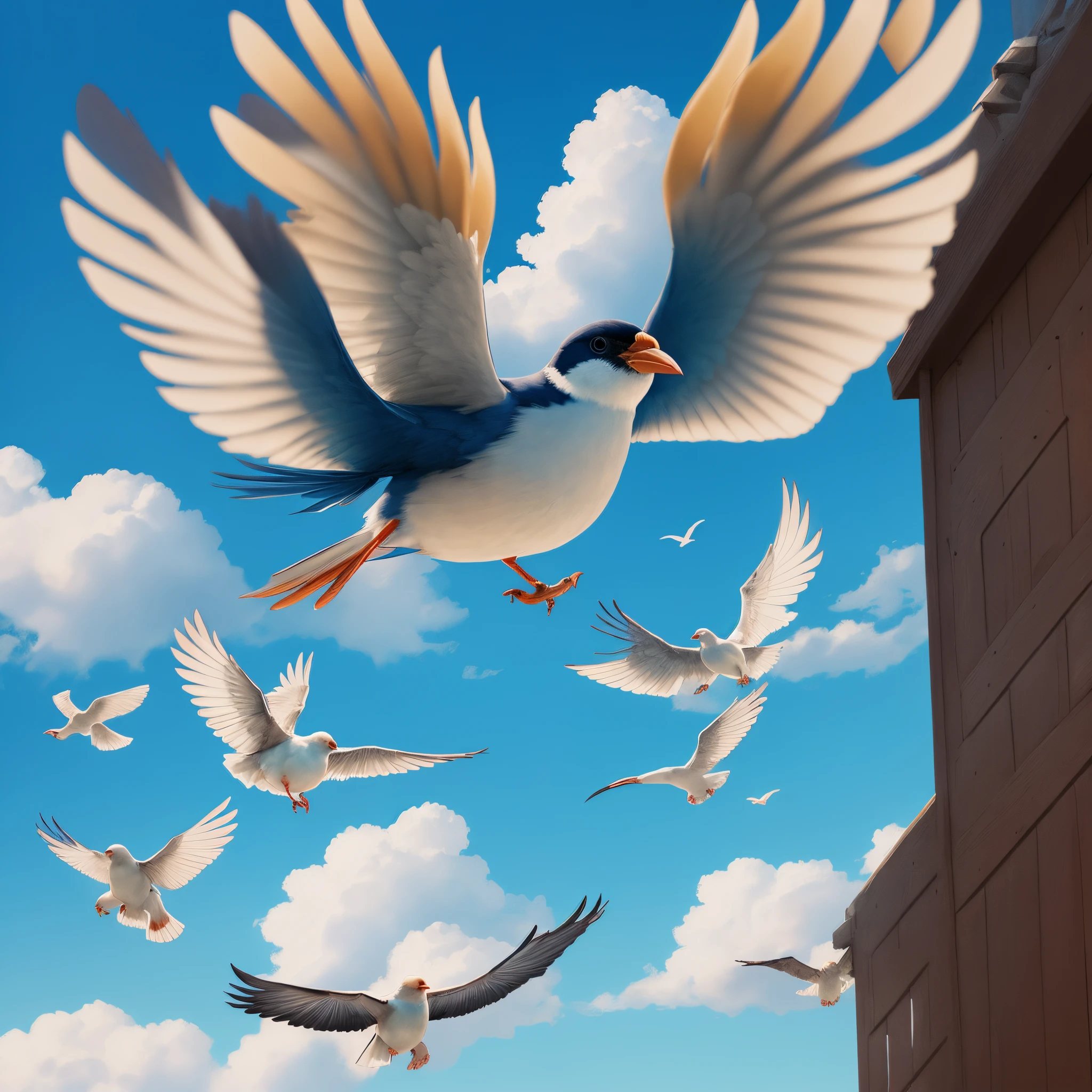 Please draw me a picture with blue sky and birds flying