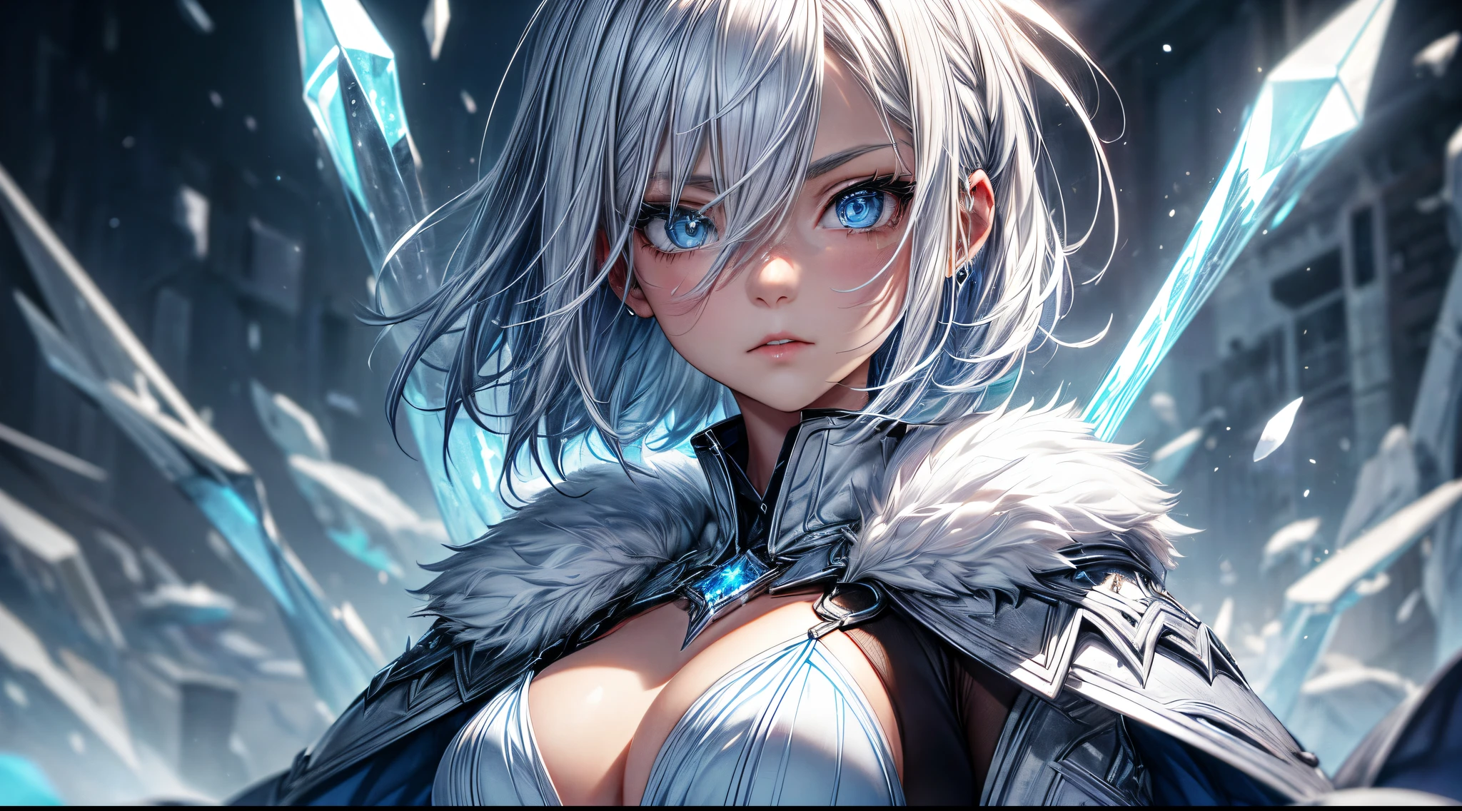 (a)woman,young,19 years old,shorthair white hair,(shorthair:light blue hair:1.1),skin as white as snow,cold gaze,black clothes,[grey robe],cape,half body,(background:blue lights),(blue-eyed:crystal eyes),(ice blue eyes),(icy:blue eyes),(intense:blue eyes),(crystal clear eyes),(intense gaze),(sharp gaze),(piercing gaze