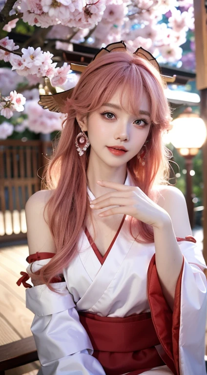 (8k, RAW photo, best quality, masterpiece:1.2),(realistic, photorealistic:1.37),realistic,live-action,photo,people,gravure photo,realistic skin,realistic face,live-action face,1 girl,(ulzzang-6500:0.7), KPOP idol, yae miko, single sleeve, bare shoulders, pink hair, long hair, kimono, top quality, (drawings: 1.5) , (Hair accessories: 1.35), jewelry, purple eyes, earrings, chest, torii, cherry blossoms, lamp light, depth of field, face detail, face focus, ribbon, ribbon buttocks bon_trim (view: 1.25), non-traditional priestess, shiny skin, long sleeves, smile, thick lips, game cg, hands on lips, East Asian architecture, (blurred background: 1.2), sitting, upper body,