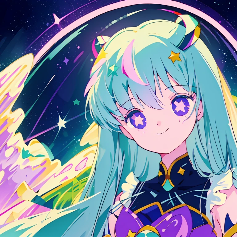 (1girl),(Pop style,flat colors,star pattern,pastel,shiny eyes,Smile,Cosmic atmosphere,colored lineart,outline,simple,Night background, macro shot,pastel night aesthetic),((Masterpiece)), hatsune miku, full height, waist-high