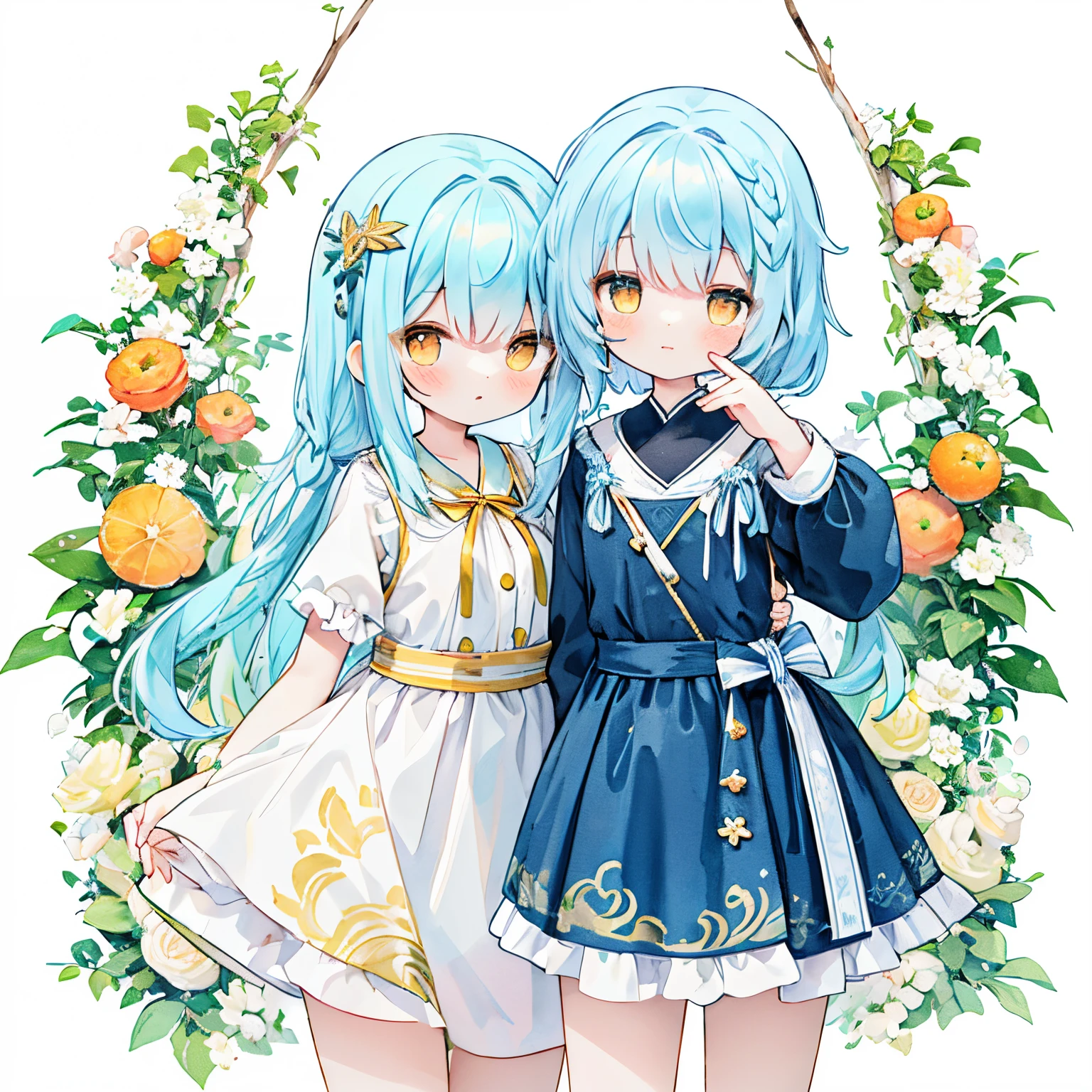 Transparent watercolor,girl with,Jewel Eyes,Beautiful arrangements and motifs、Originality、depth of fields , Fantastic, Beauty、Transparency、lightblue hair、(Jinbo's braid)、Orange eyes、white clothes、Cute clothes、Girly clothes、Ren Hao、frilld、Clothes with light blue ribbon、buttoning、frill shirt、bulging sleeves、background yellow、a little petal、kawaii pose、full bodyesbian
