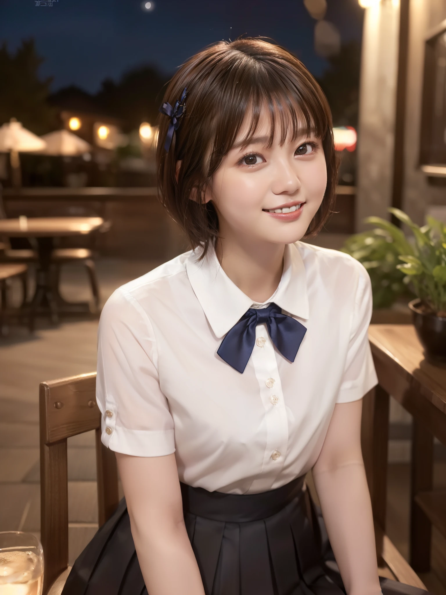 (8K, RAW photos, top quality, masterpieces: 1.2), (realistic, photorealistic: 1.37), ultra high definition, one girl, cute, solo, beautiful sky, detailed café, night, sitting, dating, (blusher), (smile: 1.1), (closed), big, beautiful eyes, (collared shirt: 1.1), bow tie, pleated skirt, (short hair: 1.2), Floating Hair