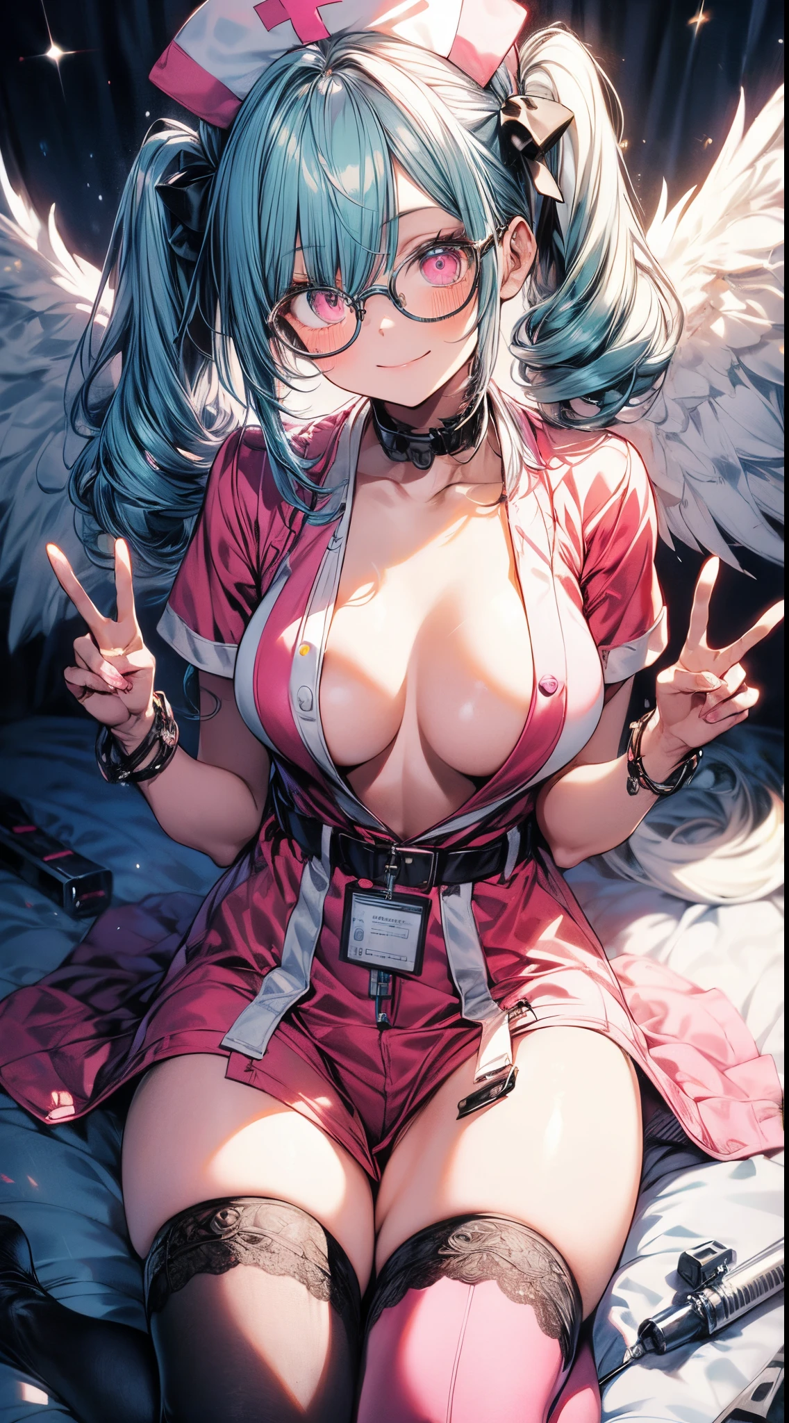 absurderes,Best Quality,Insanely detailed,1 cute lovely girl,Cute smile,Peace,short drill twin tails,aqua hair,Pink eyes,(Round glasses:1.2),(Pink nurse costume:1.2),thighs thighs thighs thighs ,striped over knee high,cleavage,(sagging boobs:1.2),Syringe, Medical records,at hospital,(From below:1.2),sparkly eyes,Beautiful and detailed eyes,glowing pale skin,Cute Pose,Professional Lighting,Cinematic Angel,great theme,Hyper realistic, Perfect Anatomy, Perfect five fingers