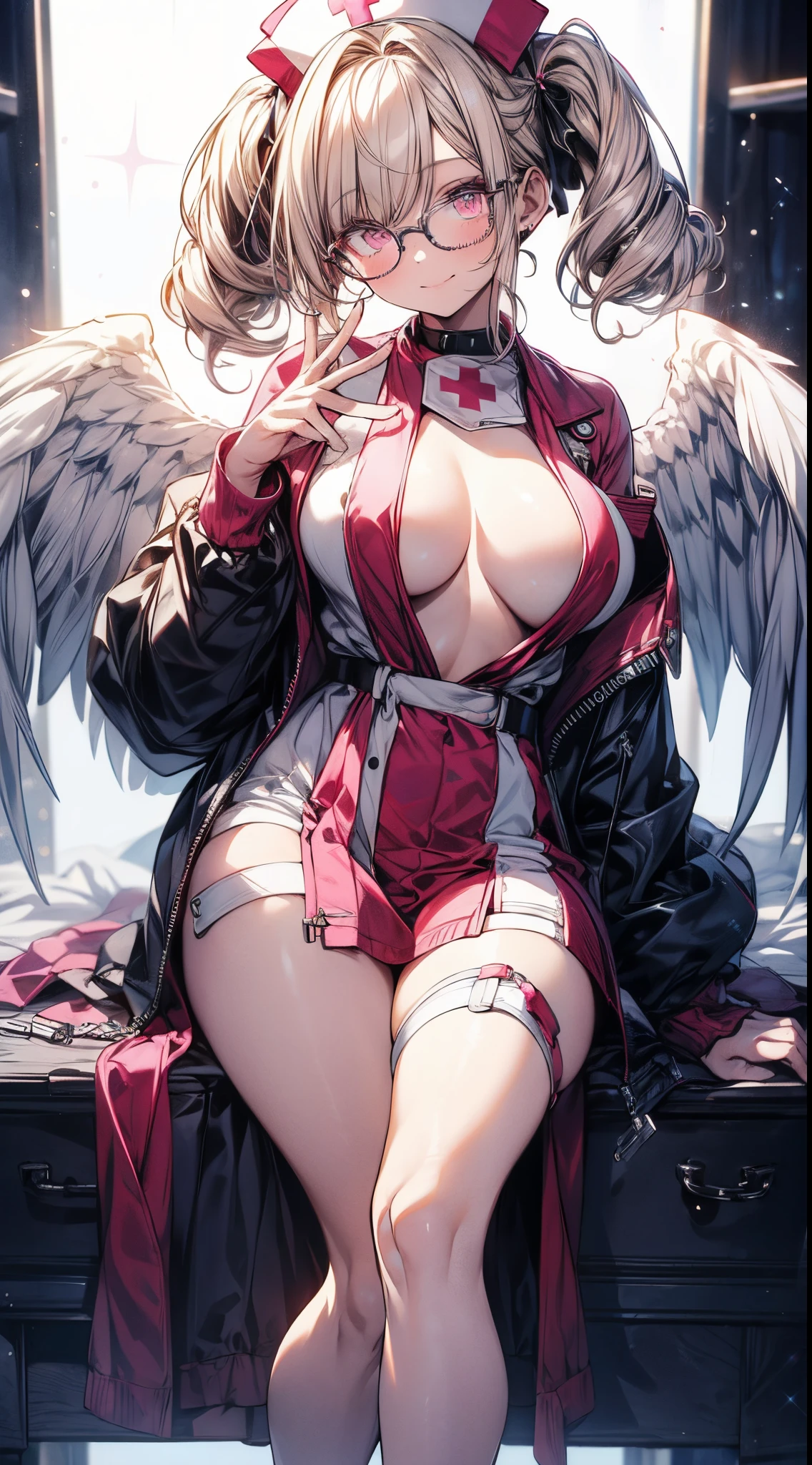absurderes,Best Quality,Insanely detailed,1 cute lovely girl,Cute smile,Peace,short drill twin tails,aqua hair,Pink eyes,(Round glasses:1.2),(Pink nurse costume:1.2),thighs thighs thighs thighs ,striped over knee high,cleavage,(sagging boobs:1.2),Syringe, Medical records,at hospital,(From below:1.2),sparkly eyes,Beautiful and detailed eyes,glowing pale skin,Cute Pose,Professional Lighting,Cinematic Angel,great theme,Hyper realistic, Perfect Anatomy, Perfect five fingers
