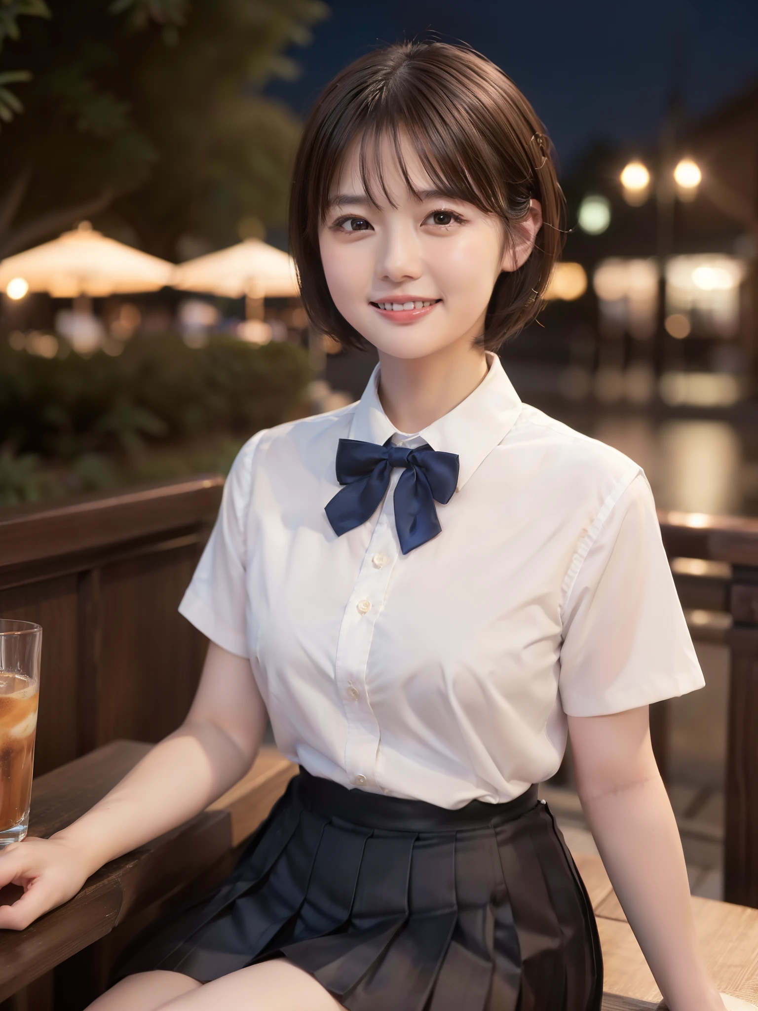 (highest quality, masterpiece:1.2), highest quality, High resolution, 1080P, 8K, Height: 158cm, ((A very intelligent, very noble, pretty and neat Japanese beautiful girl fashion model. . Looking at the audience. Realistic fashion model)), ((((White face with plump cheeks)))), Glossy lips, (Evenly cut bangs), ((Very beautiful dark eyes)), The very large, shiny, wide red ribbon bow-tie on her chest is very cute., ((Black Hair)), ((very short bobbed hair)), (((Cream colored blouse))), A neat uniform, Very lustrous, glossy lips, Open hand over open mouth, Beautiful hair like a hair model, Cream colored long skirt, Watching the viewer and laughing, ((Incredibly well organized, The expression is rich. plump and beautiful skin and face)), ((Pure and clear eyes)), Long eyelashes, ((laughing at me!)), A ruffled blouse will highlight the shadows., Glossy Lips, Advertisement of Japanese girl's neat school fashion, ((noble and neat)), ((fascinating like succubus)), ((pink garden)