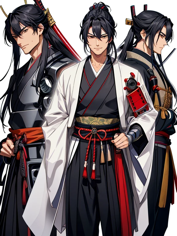 //Character
1man, retired samurai, middle aged, slim and mascular, ultra detailed face, wrinkled, super handsome, thick eyeblow, sanpaku eyes, smiling full of confidence, extra Long hair tied in a topknot long hair, black hair with red as inner collors, shaggy bangs, BREAK
//Fashion
Japanese style samurai clothes
Clothes inspired by Japanese clothing that are partially mechanized, hakama-inspired pants,
large cloak, extra long katana sword
His clothes are summed up with the image of twilight