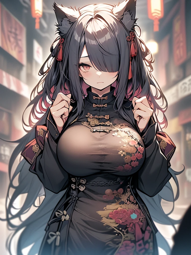 ((masutepiece))，(((Highest Quality)))，(Please pay attention to the attractive body)，The upper part of the body，1人の女性，A dark-haired，Hair that hides one eye，(The long-haired:1.5)，Wolf ears，(chinese clothes:1.4)，(voluptuous breasts:1.3)，(masutepiece:1.2)，(Best Quality:1.3)，(hit someone:1.8)，Hold your fists