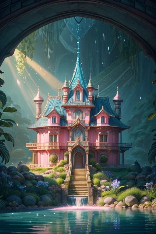 Palace of Queen Summer, "High quality crystal sculpture with natural aquatic plants., blooming irises, strawberries and cherries inside, water fall, ,  Kingyo, water, glistering, Fantasy, shrouded in magical fog, glows from the inside, translucent , mysterious, Magic,warm sunlight blue, salted pink crystals,  incredible details, tmasterpiece, beste-Qualit, RTX, 4k, 8K,".