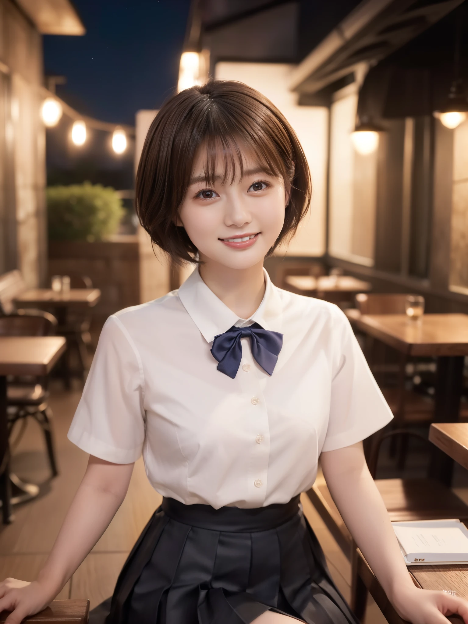 (8K, RAW photos, top quality, masterpieces: 1.2), (realistic, photorealistic: 1.37), ultra high definition, one girl, cute, solo, beautiful sky, detailed café, night, sitting, dating, (blusher), (smile: 1.1), (closed), big, beautiful eyes, (collared shirt: 1.1), bow tie, pleated skirt, (short hair: 1.2), Floating Hair