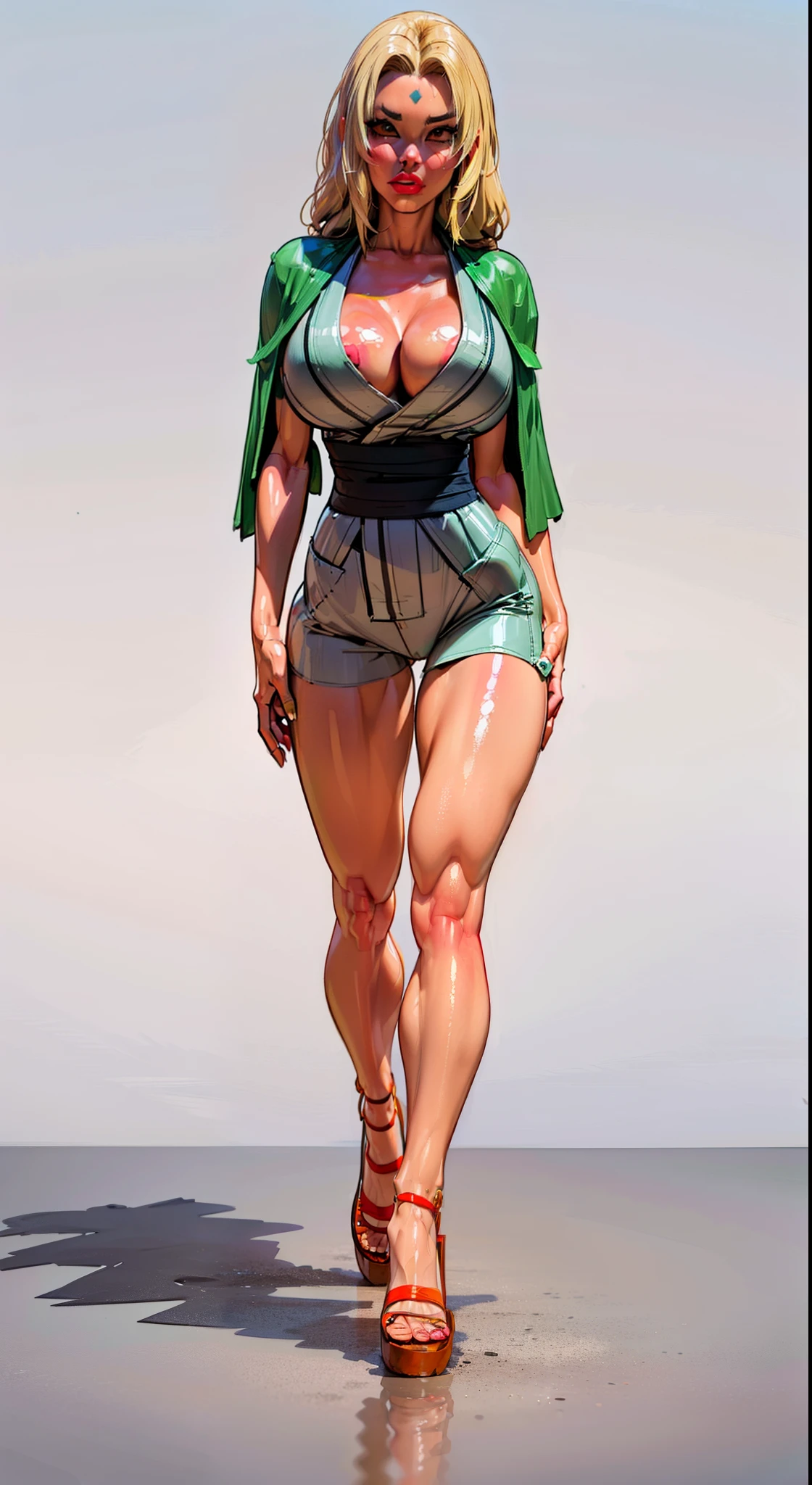 ((masterpiece)),(((best quality))),((character design sheet)), naruto character tsunade, (tsunade green cloak:1.4) ((tsunade)), ((full body view))  mature face, (blonde hair),((asian eyes:1.4)),  ( (( brown sandals)) above knees:1.4), (blue short pants), defined cheekbones,((long hair:1.2)), high cheekbones, illustration, muscular, sexy bimbo, (gigantic breasts:1.3) red hair, ((detailed face:1.4)) beautiful woman, (grey kimono :1.1), (white skin:1.4) , (red lipstick:1.4), shiny skin, scribbles and marks,(puffy lips:1.4) , (blue dot middle forehead), rough sketches, pose, 8k,16k, (simple background, white background: 1.3) ((cool color palette)), ((cleavage))
