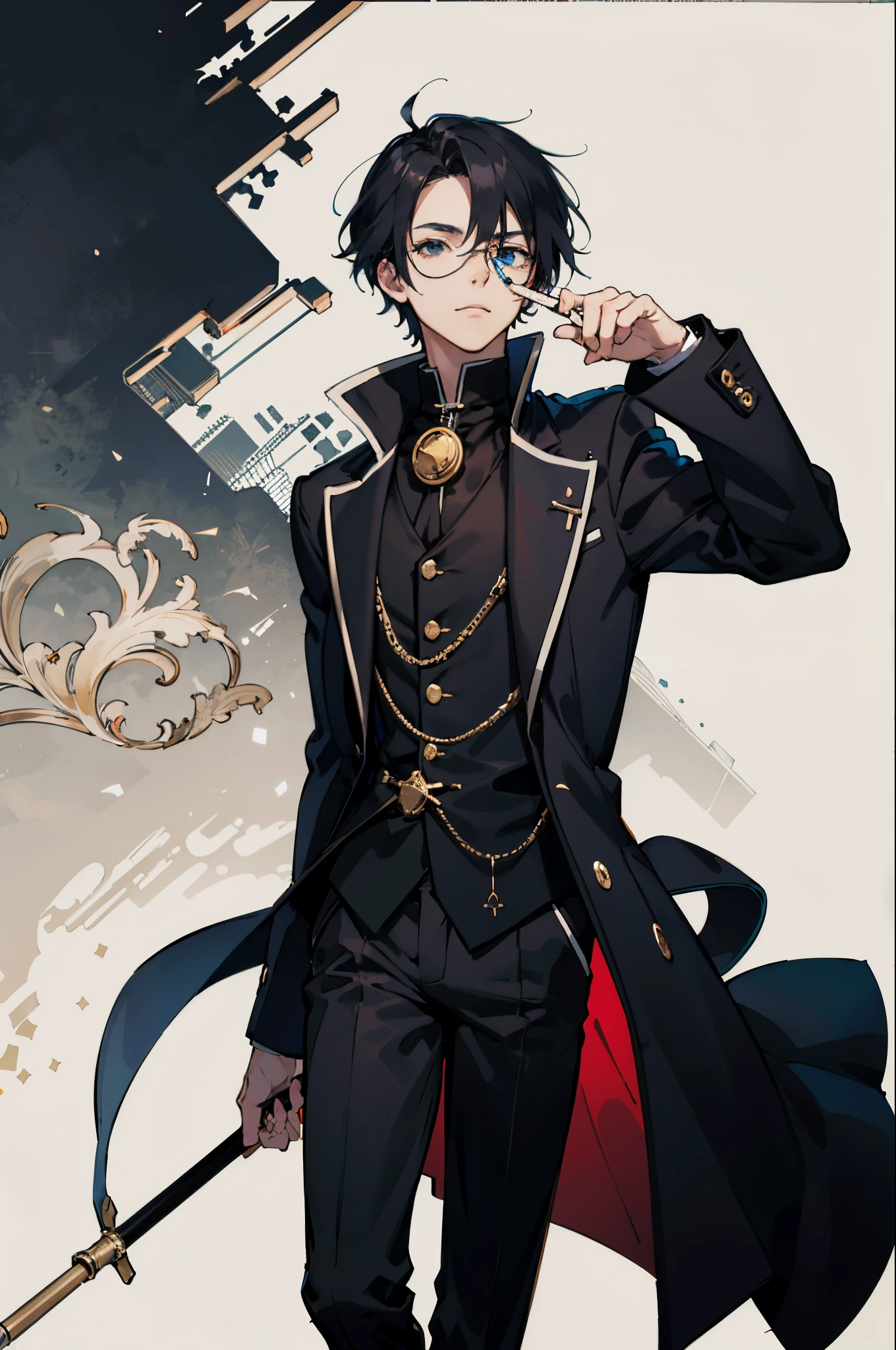 Anime guy, black coat, keep quiet gesture, monocle, high quality image, rich looking, with walking stick