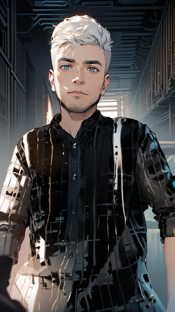 Cyberpunk male, fantasy world, dark background, clean design, epic instagram, artstation, colorful paint splatter, silhouette, hyper detailed intricate details, unreal engine, fantasy, intricate details, splash screen, complementary colors, Fantasy concept art, 8k resolution, deviantart masterpiece, oil painting, heavy strokes, paint dripping, (isolated on white background: 1.3), rainbow skin, (((handsome young man))), ((teenage:1.5) ), (glowing blue eyes), ((light eyes)), ((((short white hair: 1.1))), ((black clothes)), (prince\\(indifferent expression\\),, ( ((Wears high detail luxurious black robe))), white hair, (chest) --v 6