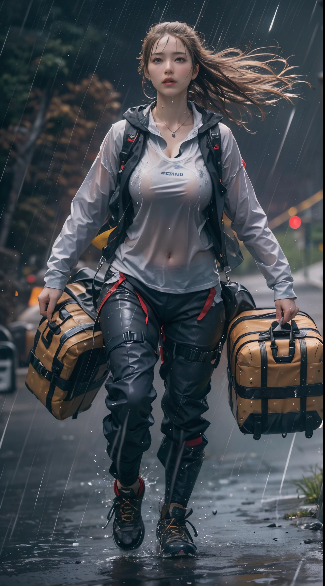 8k, top-quality, (pubic hair beauty)、hight resolution, 逼真, realperson, A beautiful muscular woman is carrying a large amount of luggage with special equipment on her back on a beautiful mountain road in the Alps where it is raining heavily.、((I'm desperately rushing and running as fast as I can))、Hurry、He wears tight shorts and a T-shirt that is so short that his stomach is exposed.、(My hair is soaked from the rain)、huge tit、A lot of sweat in the cleavage、Death Stranding、A faint human-shaped shadow in the rain