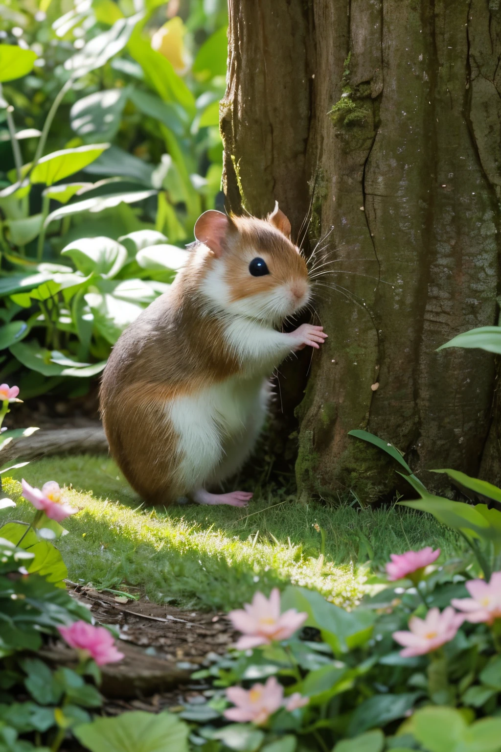 an adventurous hamster exploring a colorful garden, with lush green grass, vibrant flowers, and tall trees towering overhead [nature, garden, animals]

(best quality,highres,masterpiece:1.2),ultra-detailed,realistic, 

the hamster is wearing a tiny explorer hat and a backpack, ready for his journey [adventurer, clothing, accessories]

the hamster's fur is soft and fluffy, with shades of brown and white, and his eyes are bright and curious [fluffy, fur, eyes]

he is standing on his hind legs, with his small paws holding a miniature map, guiding him through the garden [standing, paws, map]

the garden is filled with a variety of insects and butterflies, fluttering around him as he explores [insects, butterflies, nature]

the sunlight filters through the leaves, casting beautiful dappled shadows on the ground [light, shadows, nature]

the hamster's whiskers twitch as he sniffs the fragrant flowers, his nose twitching with excitement [whiskers, nose, flowers]

in the distance, a small pond glistens, inviting the hamster to take a refreshing dip [pond, water, nature]

the garden is teeming with life, with birds chirping and squirrels playfully scampering around [nature, birds, squirrels]

the colors in the garden are vibrant and harmonious, creating a sense of joy and tranquility [colorful, harmonious, joyful]