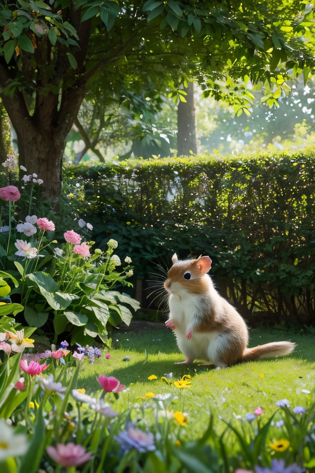an adventurous hamster exploring a colorful garden, with lush green grass, vibrant flowers, and tall trees towering overhead [nature, garden, animals]

(best quality,highres,masterpiece:1.2),ultra-detailed,realistic, 

the hamster is wearing a tiny explorer hat and a backpack, ready for his journey [adventurer, clothing, accessories]

the hamster's fur is soft and fluffy, with shades of brown and white, and his eyes are bright and curious [fluffy, fur, eyes]

he is standing on his hind legs, with his small paws holding a miniature map, guiding him through the garden [standing, paws, map]

the garden is filled with a variety of insects and butterflies, fluttering around him as he explores [insects, butterflies, nature]

the sunlight filters through the leaves, casting beautiful dappled shadows on the ground [light, shadows, nature]

the hamster's whiskers twitch as he sniffs the fragrant flowers, his nose twitching with excitement [whiskers, nose, flowers]

in the distance, a small pond glistens, inviting the hamster to take a refreshing dip [pond, water, nature]

the garden is teeming with life, with birds chirping and squirrels playfully scampering around [nature, birds, squirrels]

the colors in the garden are vibrant and harmonious, creating a sense of joy and tranquility [colorful, harmonious, joyful]