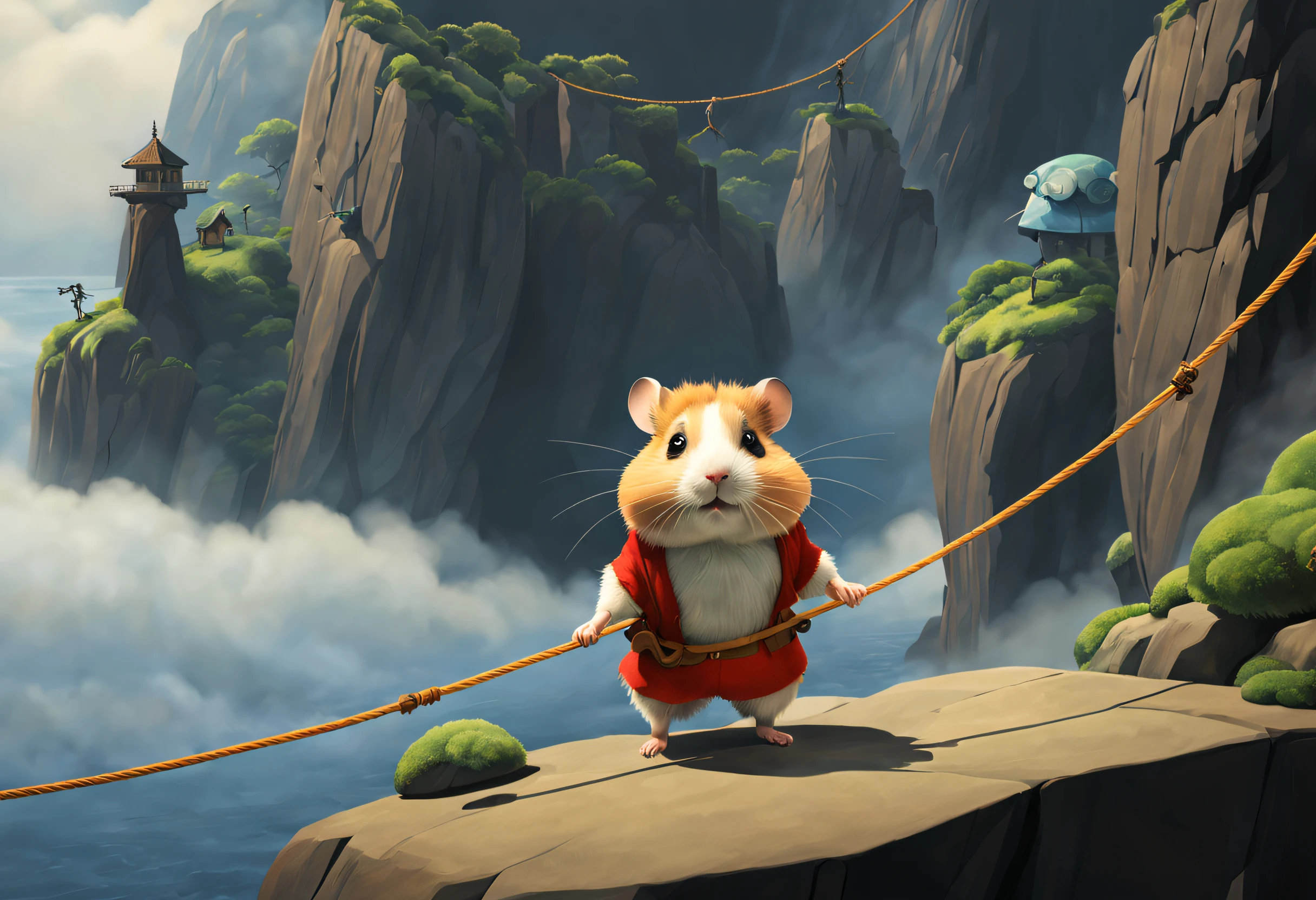 scenography,Very unified CG design,(Cute little adventurer hamster wearing tights is walking on a tightrope),tense look,Background with:Between two mist-shrouded cliffs,
anthropomorphic turtle,pixar-style,Felicia Simien and Studio Ghibli-style minimalist photography,Produced by Pixar,Maximalism,fine art,电影灯光,negative space,Dark art,ultra-realistic realism,ukiyoe painting,