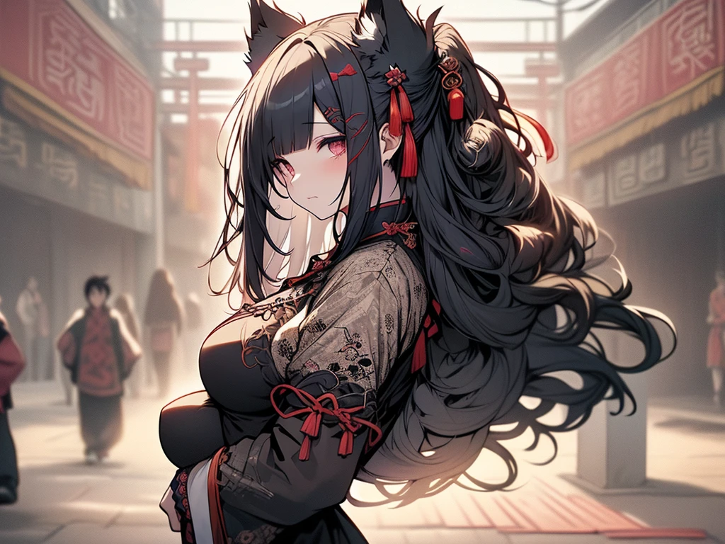 ((masutepiece))，(((Highest Quality)))，(Please pay attention to the attractive body)，The upper part of the body，from side，1人の女性，A dark-haired，(The long-haired:1.5)，Wolf ears，(chinese clothes:1.4)，(voluptuous breasts:1.3)，(masutepiece:1.2)，(Best Quality:1.3)，(kick:1.8)