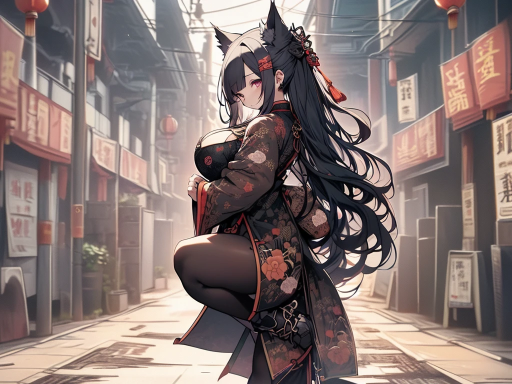 ((masutepiece))，(((Highest Quality)))，(Please pay attention to the attractive body)，The upper part of the body，from side，1人の女性，A dark-haired，(The long-haired:1.5)，Wolf ears，(chinese clothes:1.4)，(voluptuous breasts:1.3)，(masutepiece:1.2)，(Best Quality:1.3)，(kick:1.8)