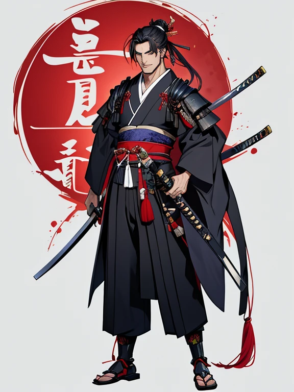 //Character
1man, retired samurai, middle aged, slim and mascular, ultra detailed face, wrinkled, super handsome, thick eyeblow, sanpaku eyes, smiling full of confidence, extra Long hair tied in a topknot long hair, black hair with red as inner collors, shaggy bangs, BREAK
//Fashion
Japanese style samurai clothes
Clothes inspired by Japanese clothing that are partially mechanized, hakama-inspired pants,
large cloak, extra long katana sword
His clothes are summed up with the image of twilight