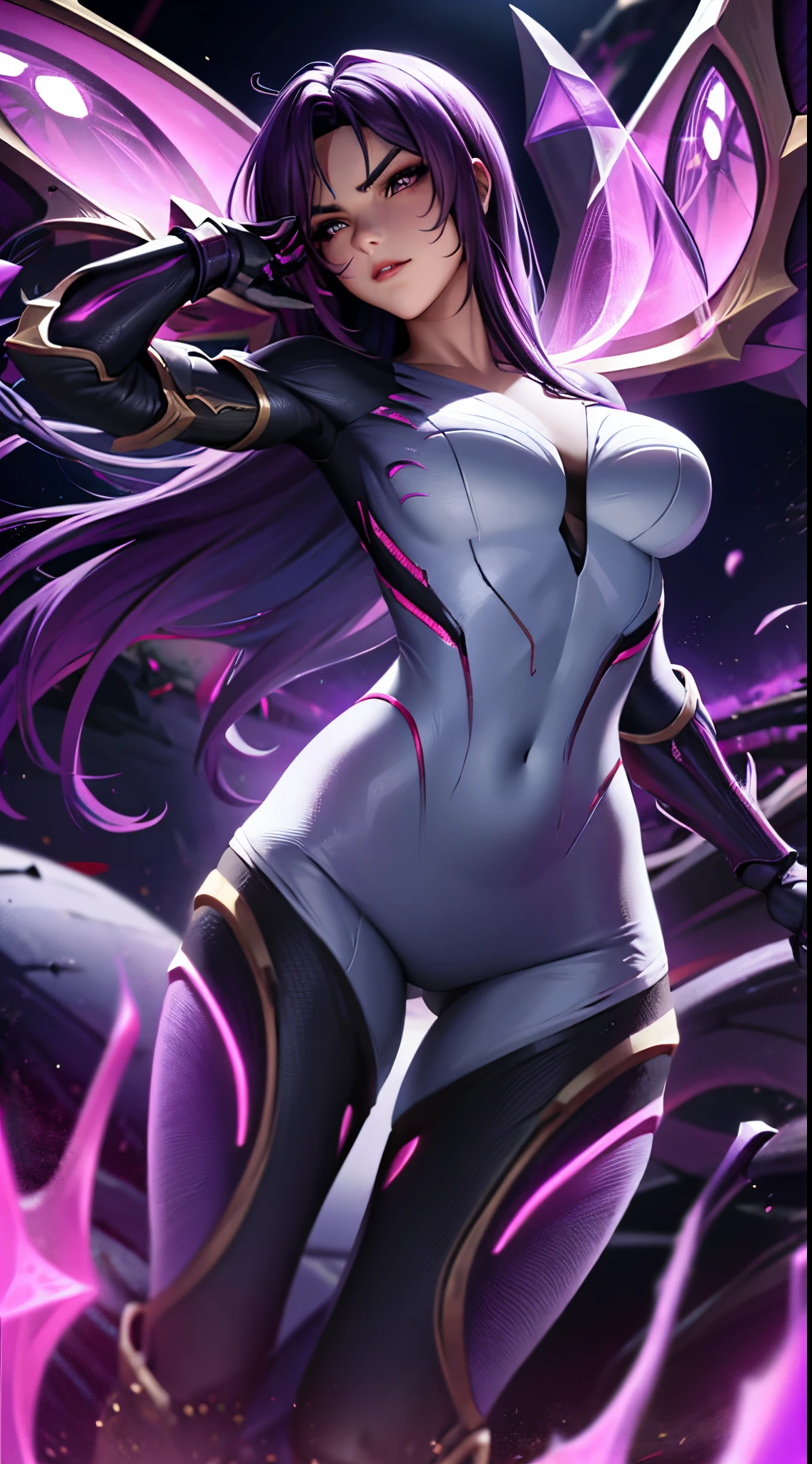 1girl, kai'sa, league of legends, kasa, purple wings, deep purple hair, purple eyes, serious expression, intense glare, looking at the audience, from behind, (dynamic pose), (void wings), weapons, masterpiece, extremely detailed CG Unity 8k wallpaper, best quality, 32k, focus clear, cybercity, neon sign, aperture, void field