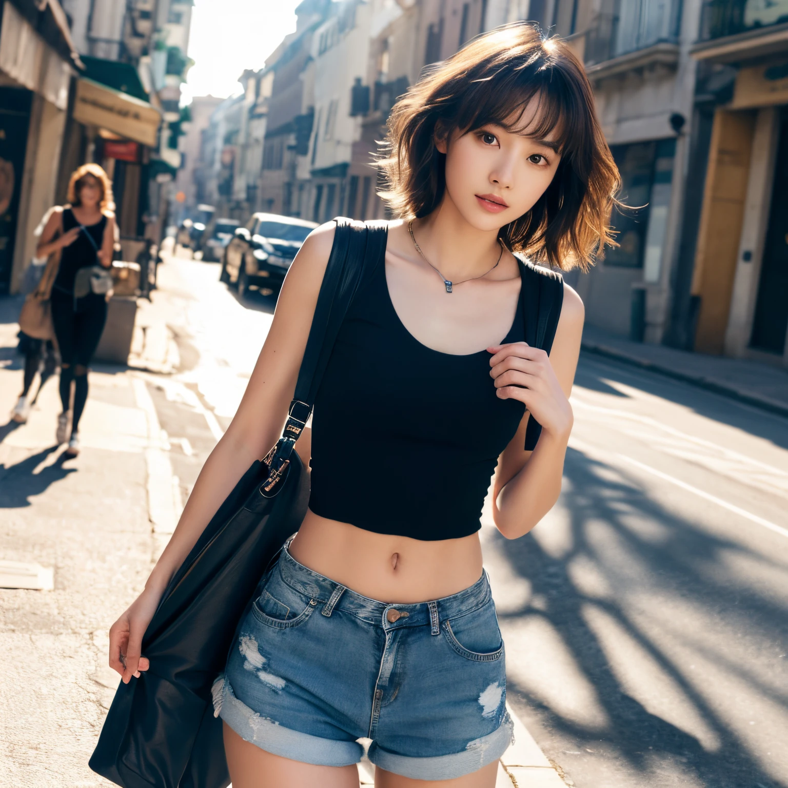 ((Medium chest, Long hair, small head)), Daylight, Sunlight, (well-defined abs: 1.1), (Perfect body: 1.1), (short wavy hair: 1.2), Russet Hair, Collar, chain, Full body photo, Shabby street, wearing a black tank top, Denim jacket, ((Shorts)), (Very detailed CG 8k wallpaper), (Extremely delicate and beautiful), (masutepiece), (Best Quality: 1.0), (Hyper-Resolution: 1.0), Beautiful lighting, Perfect Lightning, Realistic Shadows, [High resolution], detailed skins, ultra-detailliert