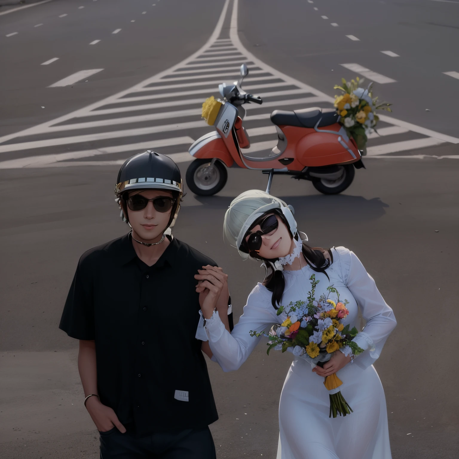 a drawing of smiling couple wearing retro helmet and dark glasses, they are holding hands. A girl also hold a bunch of flowers. Behind the couple is retro motorbike called vespa and carrying a lot of flowers