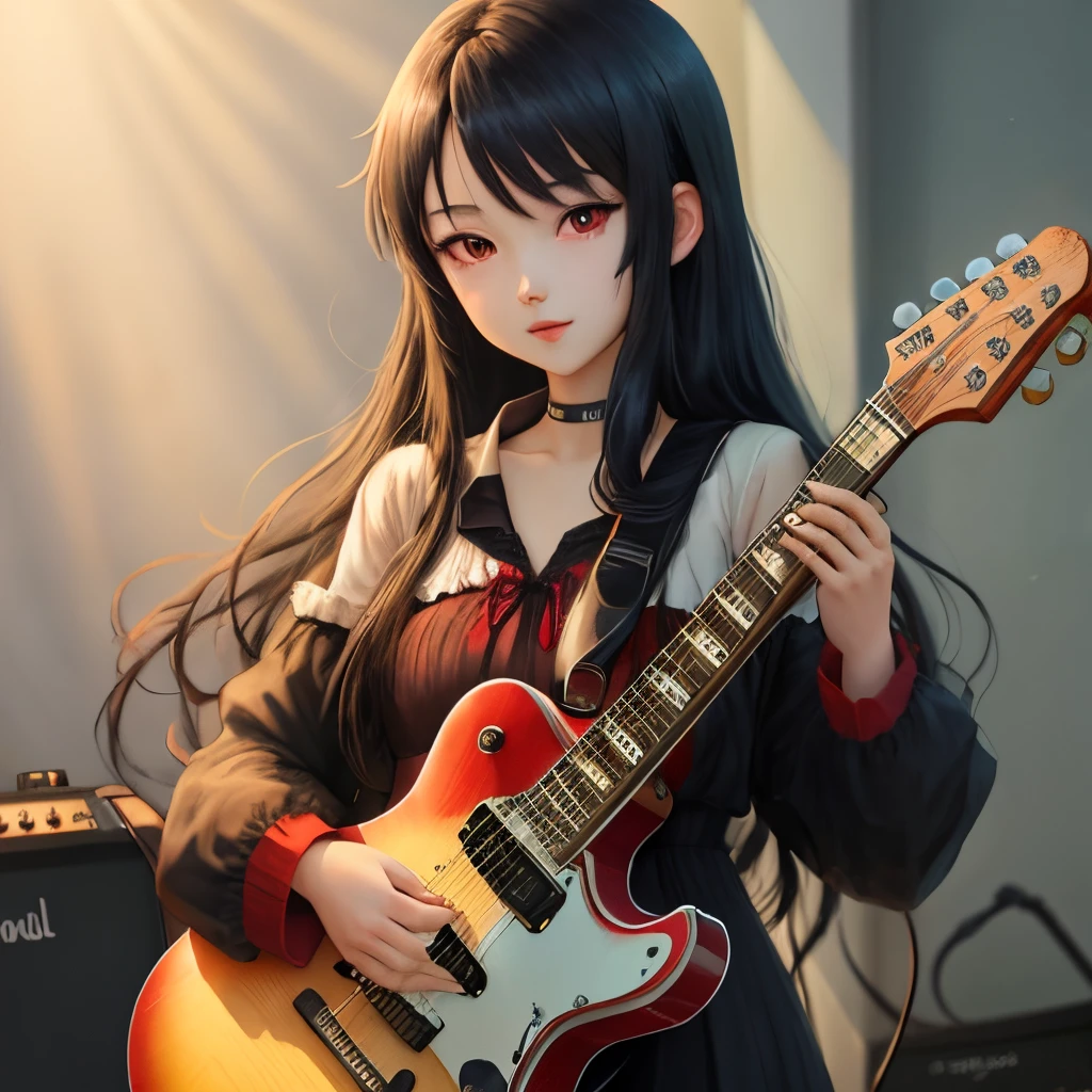 Anime girl with long black hair and red eyes holding a guitar