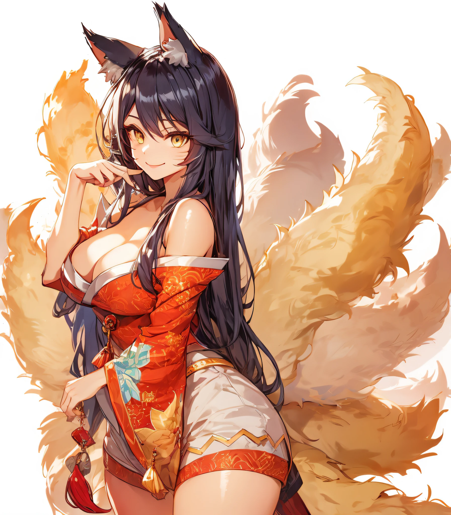 Big breasts are charming, Large breasts, ((The cleavage is tempting))，tmasterpiece,Best quality,1 busty girl,yellow eyes,Long gray hair,(ahri),black hair color hair,Eternal,Nine tails,ssmile,natural,hair adornments,Animal ears,booru,Best quality,1 plump girl,inksahli,Multi-tailed , Foxtail, forked tail, nine furry tails, Seductive smile, ((Blank background))