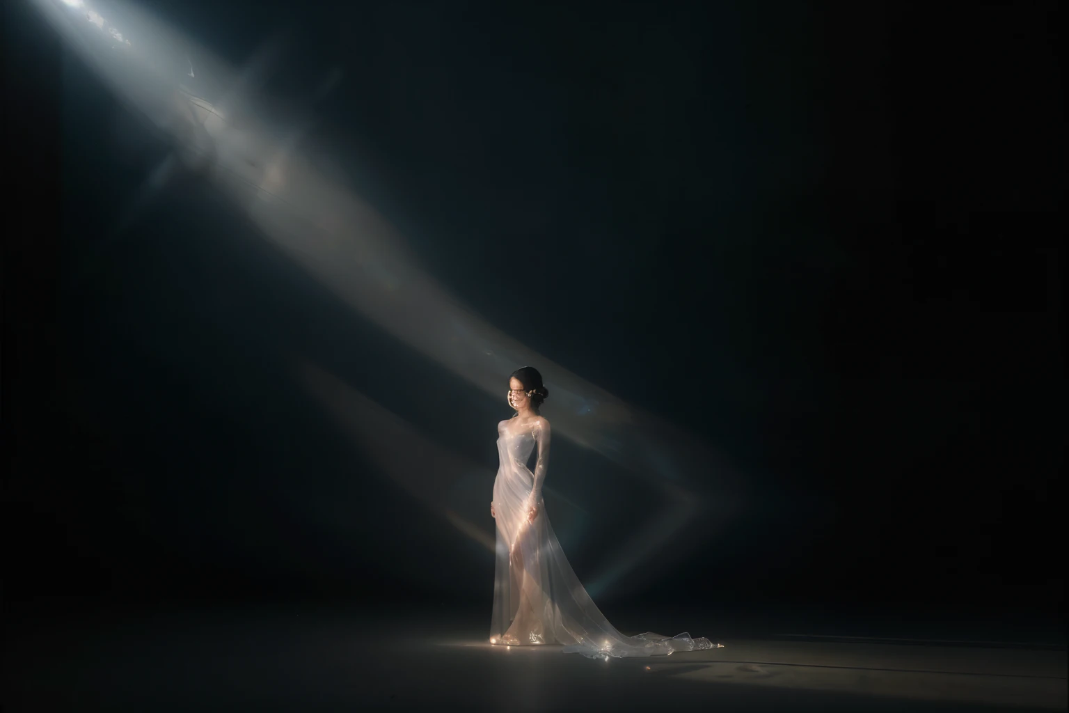a spectral woman smoky silhouette with a (translucent appearance:1.3), Her form is barely tangible, with a soft glow emanating from her gentle contours, The surroundings subtly distort through her ethereal presence, casting a dreamlike ambiance, fantastic play of light and shadow, transparent dress, full figure, white shoes, hyperdetailed