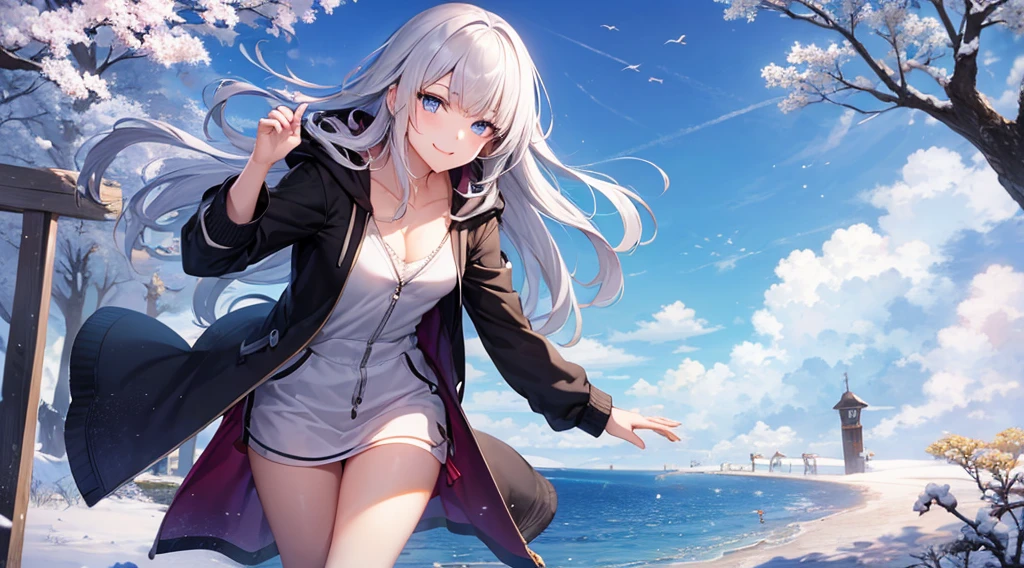 (​masterpiece、top-quality)、独奏、1womanl、White hair、the tips of the hair are blue、Blue eyes、A smile、White skin as clear as snow、Fantastical、Open legs,Small breasts, Silver hair, Blue eyes, Beautiful eyes, Teen Girl, ???????, charmed, be smitten with audience, Hoodie, Hoodie with open front, Naked Hoodie, cleavage, Blue sky, Nature, Sunlight