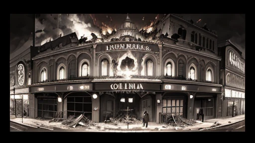 facade destroyed in flames, flaming theatre, black and white, noir, burning theatre facade, newspaper, monochrome scenes, blazing flames, intense fire, vintage, high contrast lighting. (text: "Teatro Luna de Seda")