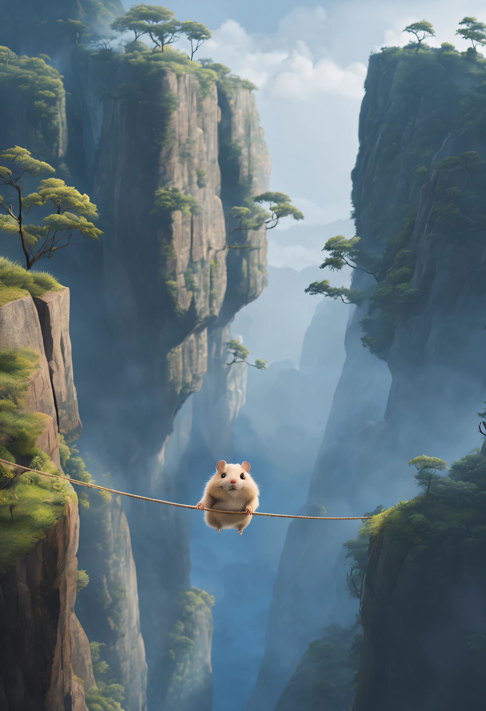 scenography，Very unified CG design，（Adventurer hamster walks a tightrope），Between two mist-shrouded cliffs，wearing bodysuit，tightrope walking，Produced by Pixar，anthropomorphic turtle，Felicia Simien and Studio Ghibli-style minimalist photography，Produced by Pixar，Maximalism，fine art，电影灯光，negative space，Dark art，ultra-realistic realism，ukiyoe painting，