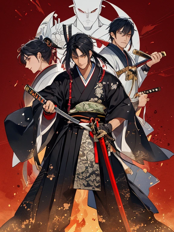//Character
1man, retired samurai, middle aged, slim and mascular, ultra detailed face, wrinkled, super handsome, thick eyeblow, sanpaku eyes, smiling full of confidence, extra Long hair tied in a topknot long hair, black hair with red as inner collors, shaggy bangs, BREAK
//Fashion
Japanese style samurai clothes
Clothes inspired by Japanese clothing that are partially mechanized, hakama-inspired pants,
large cloak, extra long katana sword
His clothes are summed up with the image of twilight