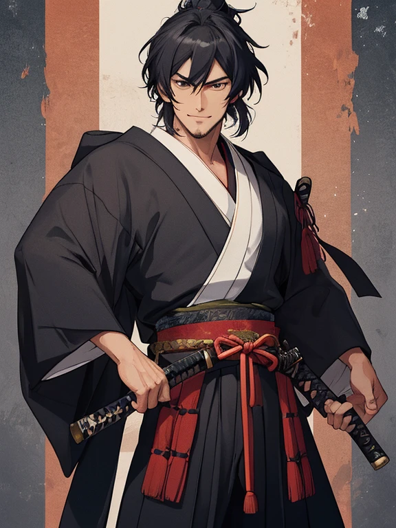 //Character
1man, retired samurai, middle aged, slim and mascular, ultra detailed face, wrinkled, super handsome, thick eyeblow, sanpaku eyes, smiling full of confidence, extra Long hair tied in a topknot long hair, black hair with red as inner collors, shaggy bangs, BREAK
//Fashion
Japanese style samurai clothes
Clothes inspired by Japanese clothing that are partially mechanized, hakama-inspired pants,
large cloak, extra long katana sword
His clothes are summed up with the image of twilight