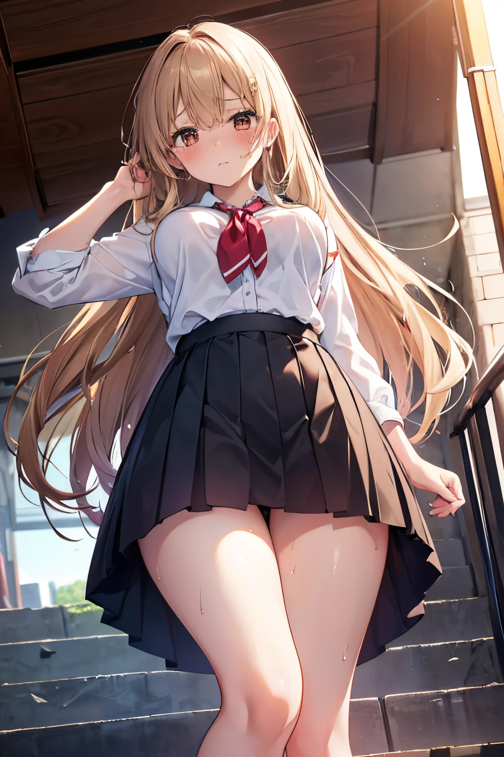 Perfect quality, masutepiece, K, (From below:1.8), Beautiful girl looking back while climbing the stairs at the station, Light brown long hair, High School Uniform, Brown eyes, Sweat, blushed face, Plump breasts, Open her legs, Looking at Viewer,