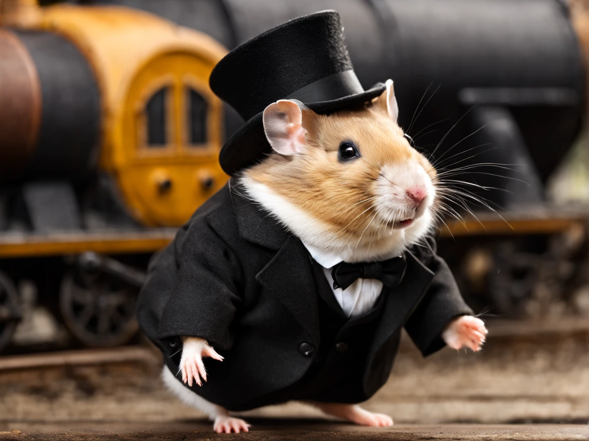 imagine, like a humanoid (anthropomorphic) hamster wearing a black top hat on his head, in a black tailcoat and black boots stands on the platform near the locomotive , Hamster - traveler, A hamster on the platform holds a bag in his hand, Anthropomorphic hamster, Hamster with pince-nez, pay special attention to the appearance of the anthropomorphic hamster, high definition hamster fur texture, Hi-Def, Best Quality, Highest Resolution, 8K, Feature photo, Photorealistic quality, higly detailed