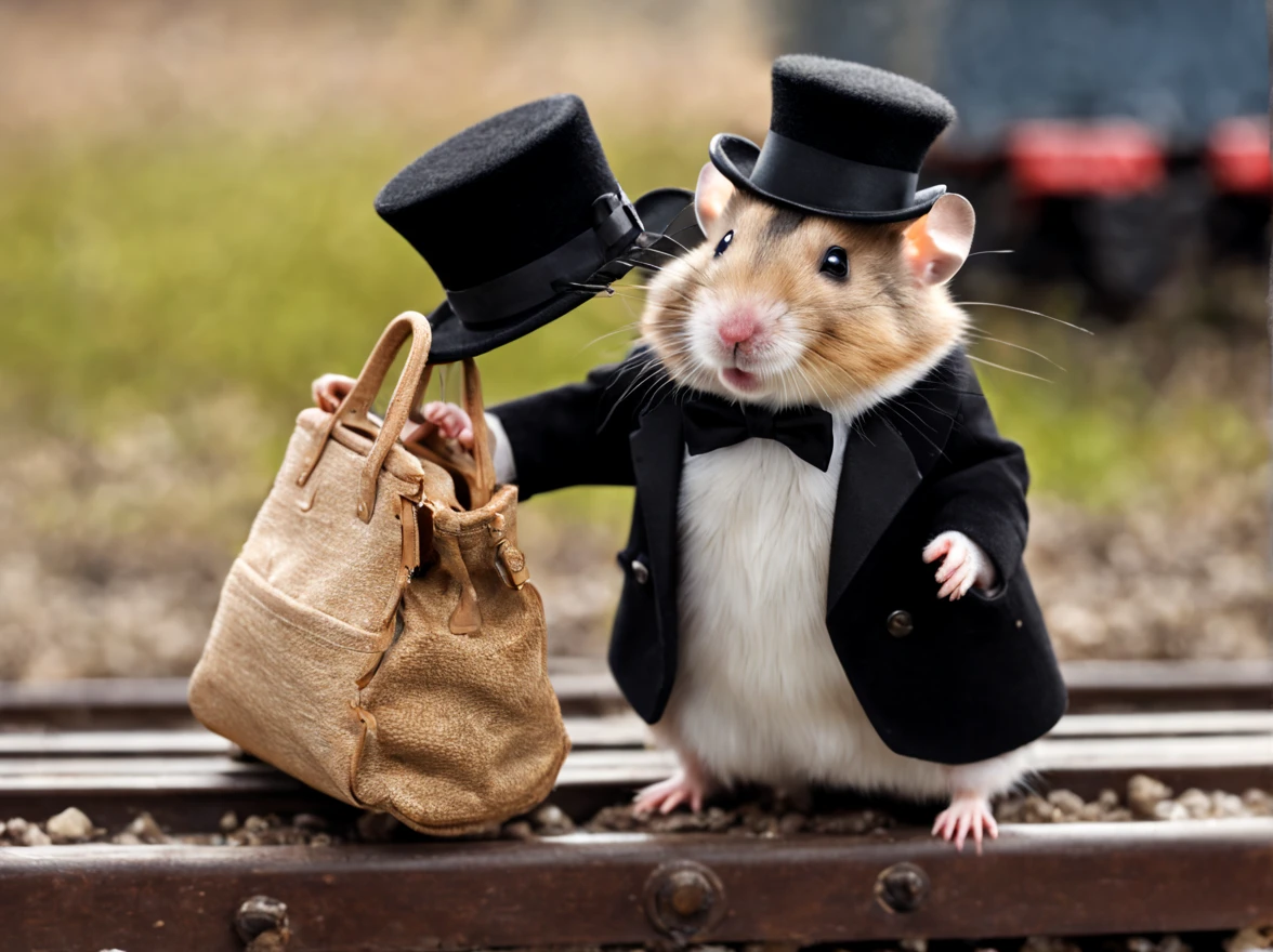 imagine, like a humanoid (anthropomorphic) hamster wearing a black top hat on his head, in a black tailcoat and black boots stands on the platform near the locomotive , Hamster - traveler, A hamster on the platform holds a bag in his hand, Anthropomorphic hamster, Hamster with pince-nez, pay special attention to the appearance of the anthropomorphic hamster, high definition hamster fur texture, Hi-Def, Best Quality, Highest Resolution, 8K, Feature photo, Photorealistic quality, higly detailed