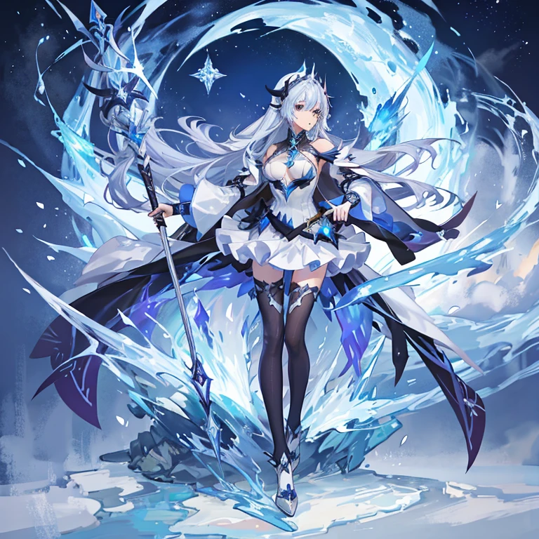 (best quality,8k,anime,ultra-detailed), ice queen, Full body, Sylvanas Windrunner, long blue shiny hair,shoulder pads with frozen polar bear faces,staff made of ice in her right hand, long white and blue dress, fused with a giant Ice beast as a minotaur