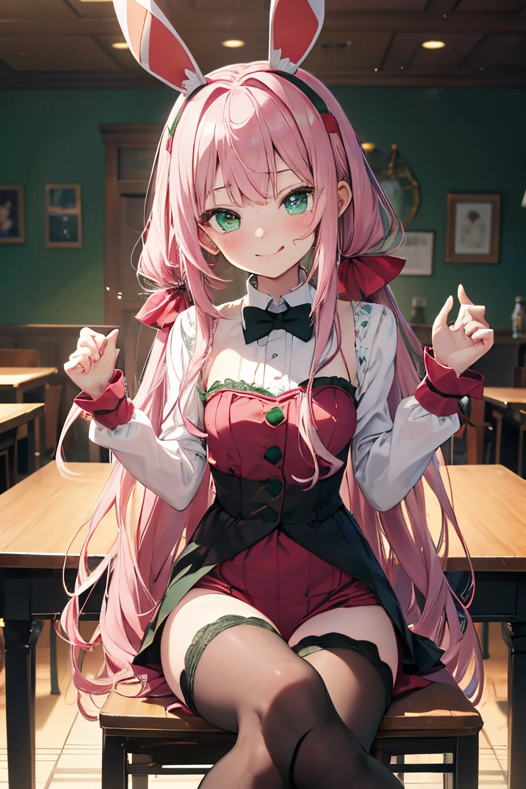 A baby-faced beautiful girl around ,Long pink wavy hair, half twin tail,Emerald green eyes,(Red Bunny Girl Suit;1.5),Waist-length black fishnet tights,President's Chair, hands up, elbows on table, face palm, crossed legs ,grinning face, smirk, tongue out