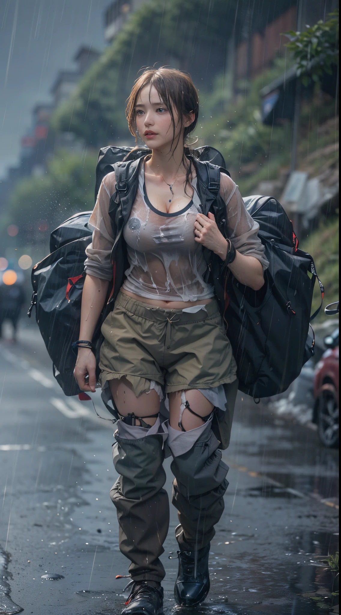 8k, top-quality, (pubic hair beauty)、hight resolution, 逼真, realperson, A beautiful muscular woman is carrying a large amount of luggage with special equipment on her back on a beautiful mountain road in the Alps where it is raining heavily.、((I'm desperately rushing and running as fast as I can))、Hurry、He wears tight shorts and a T-shirt that is so short that his stomach is exposed.、(My hair is soaked from the rain)、huge tit、A lot of sweat in the cleavage、Death Stranding、A faint human-shaped shadow in the rain