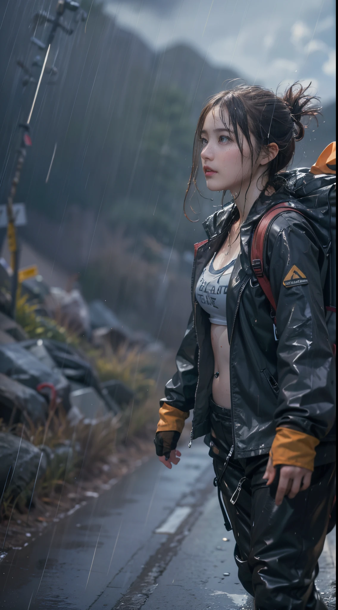 8k, top-quality, (pubic hair beauty)、hight resolution, 逼真, realperson, A beautiful muscular woman is carrying a large amount of luggage with special equipment on her back on a beautiful mountain road in the Alps where it is raining heavily.、((I'm desperately rushing and running as fast as I can))、Hurry、He wears tight shorts and a T-shirt that is so short that his stomach is exposed.、(My hair is soaked from the rain)、huge tit、A lot of sweat in the cleavage、Death Stranding、A faint human-shaped shadow in the rain