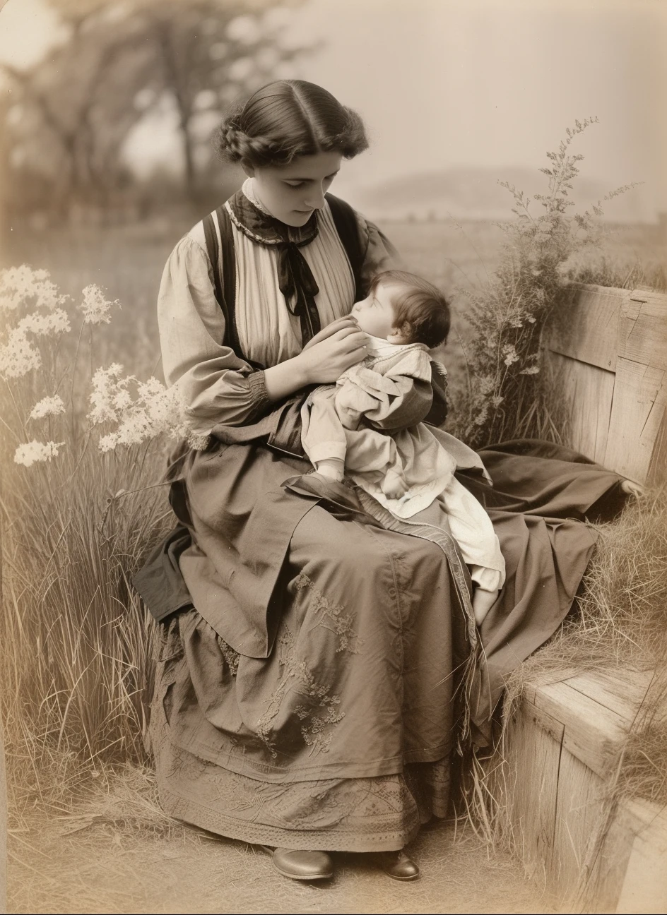 an old photo of a woman holding a baby and sitting in a field, Directed by: Francis Davis Millet, 1 8 9 0 fotografia, 1 8 9 0 s fotografia, Pulitzer Prize for Photography, 1 9 0 0 s fotografia, Fotografia dos anos 1900, Directed by: Gertrude Greene, Directed by: Joseph Kleitsch, Directed by: Albert Keller, Fotografia de 1910