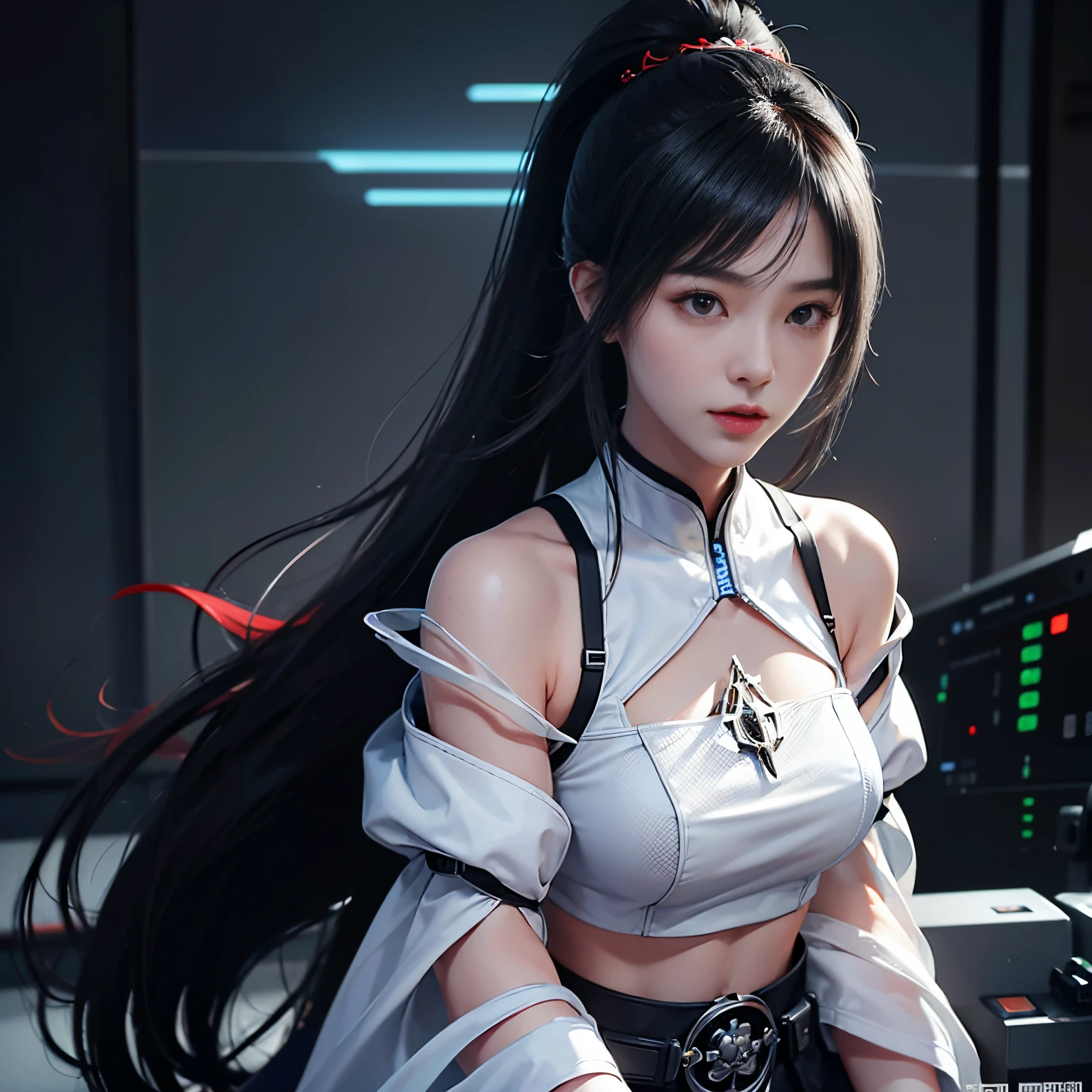 ChineseGirl,20yr old,researcher,Bust photo,longponytail,black color hair,floated hair,red color eyes,A plump chest,Open white coat,short- sleeved,short crop top,Lingerie with a slinger,expose arms,Expose your navel,scholar clothing,joint armor,close your mouth,sideways standing,elegant and charming,Calm and serious,Futuristic fantasy,Lab scenario,Mechanical instruments,Futuristic tech style,cyber punk personage,hyper realisitc,8K,be full of details,Realistic