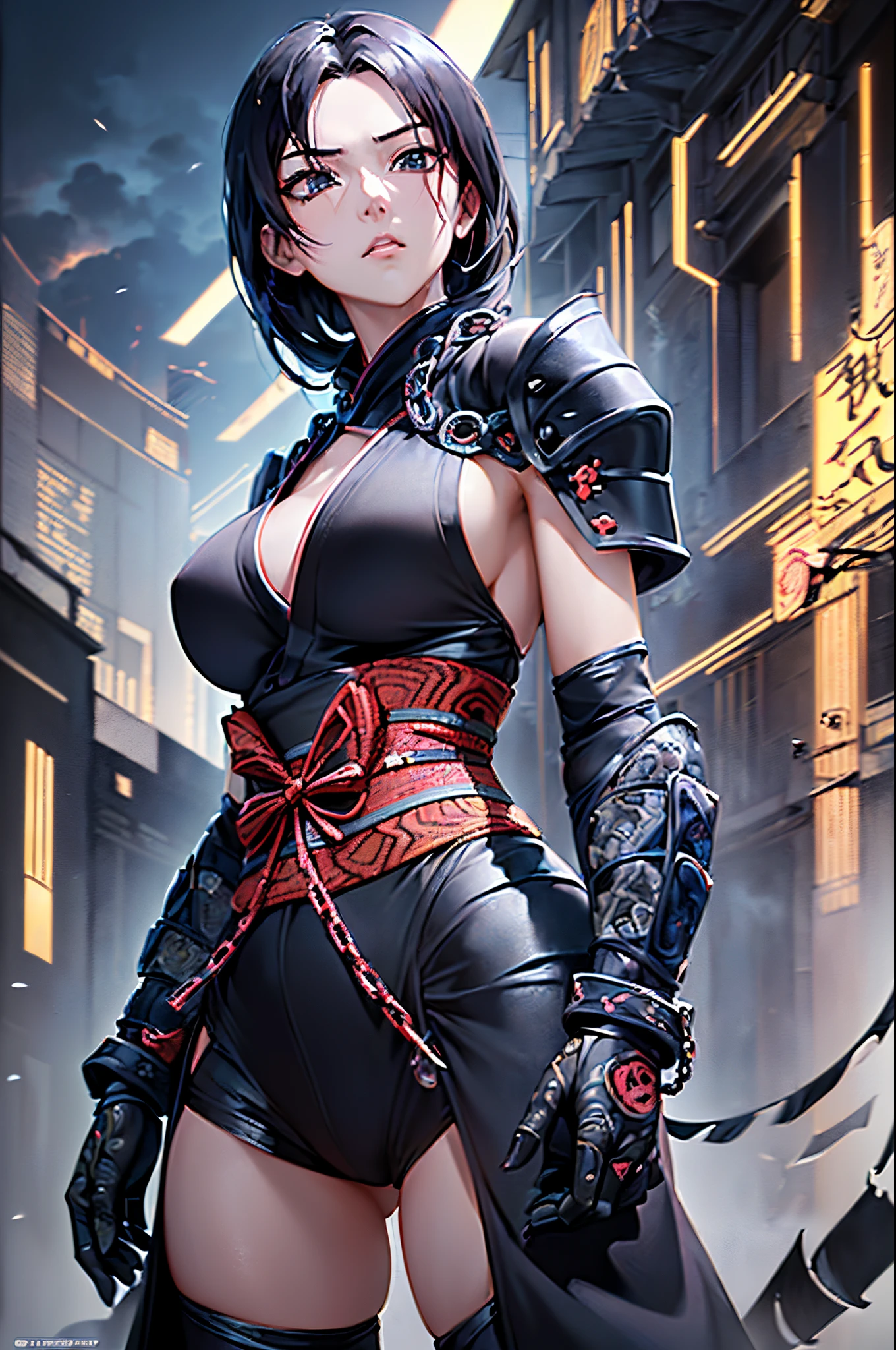 ((Finest quality)),(超A high resolution),(ultra-detailliert),(Meticulous portrayal),((Best Anime)),(Finest works of art),(Ultra-Precision Art),(The art of astounding depiction,Overwhelming depiction:1.5),(intricate and detailed art), (Female ninja:1.6),slenderbody:1.6,armor made of thin chains:1.7