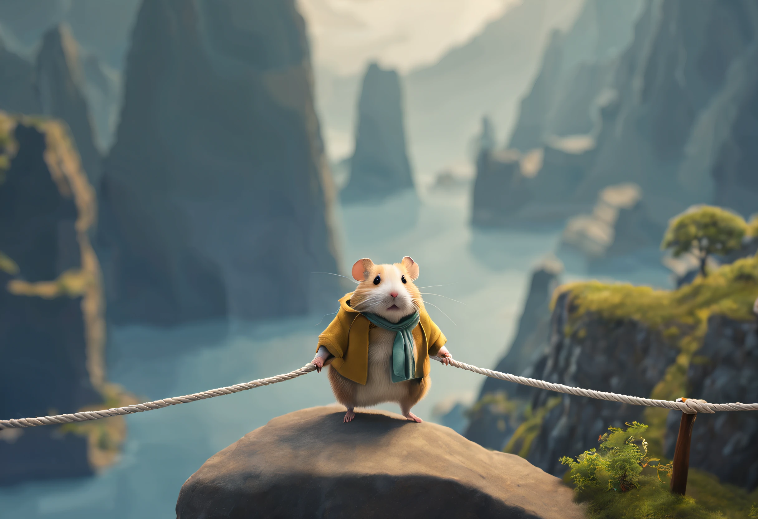 scenography,Very unified CG design,(Cute little adventurer hamster wearing tights is walking on a tightrope),tense look,Background with:Between two mist-shrouded cliffs,
anthropomorphic turtle,pixar-style,Felicia Simien and Studio Ghibli-style minimalist photography,Produced by Pixar,Maximalism,fine art,电影灯光,negative space,Dark art,ultra-realistic realism,ukiyoe painting,
