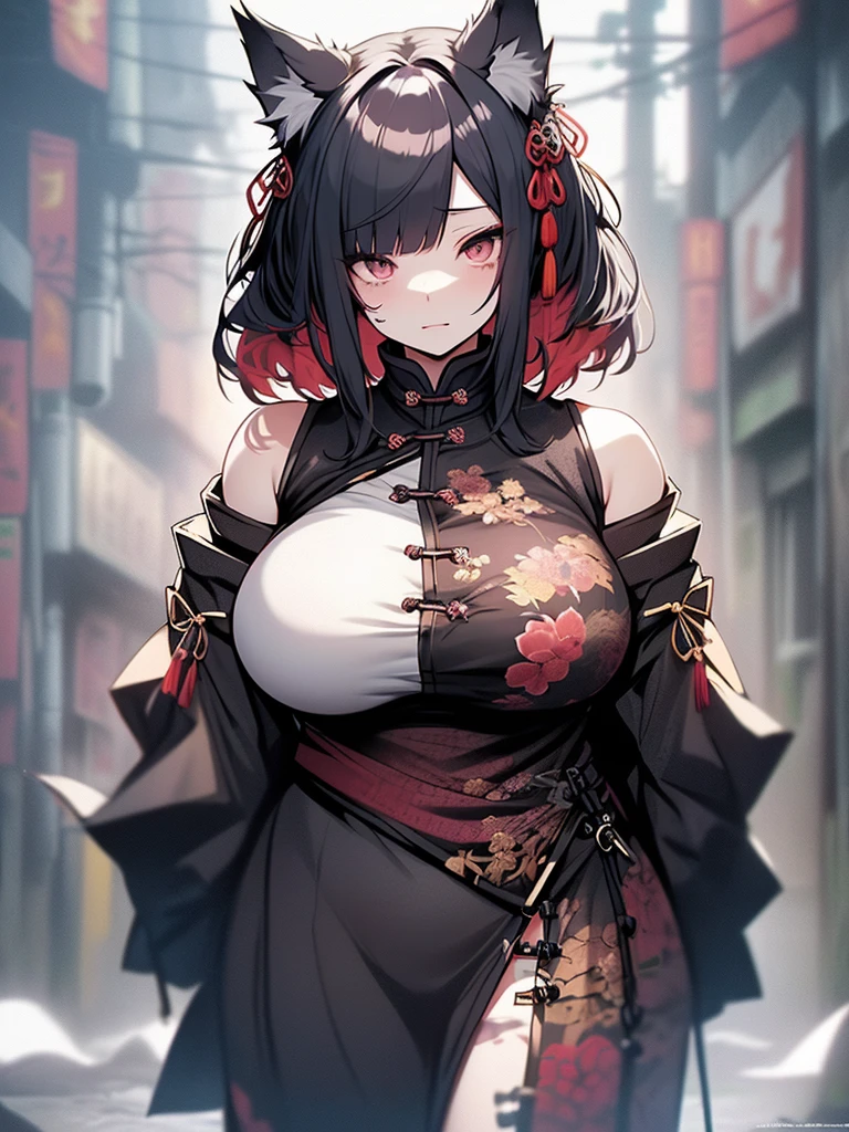 ((masutepiece))，(((Highest Quality)))，(Please pay attention to the attractive body)，The upper part of the body，1人の女性，A dark-haired，(The long-haired:1.4)，Wolf ears，(chinese clothes:1.3)，(voluptuous breasts:1.3)，eyes of madness，blood stain，bleed，(masutepiece:1.2)，(Best Quality:1.3)