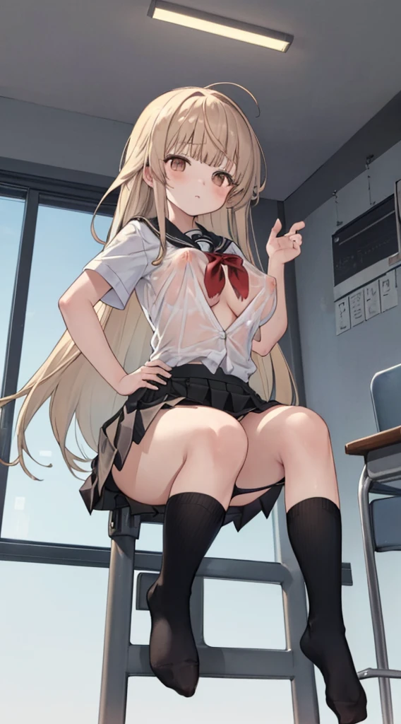 (supreme、top-quality、Final Resolution:2.0)、in 8K、((kawaii))、(((JK school uniform)))、Exposed skin a lot、(((Colossal tits)))、no-bra、((teats see through))、(((Panties exposed)))、a miniskirt、touch the skirt with both hands、Lift the skirt with both hands、raise the corner of the skirt、((exposed))、独奏、1 girl in、flaxen hair、Long、(((Camera angle from below)))、((long black socks that go past knee length))、Black knee socks、Classroom
